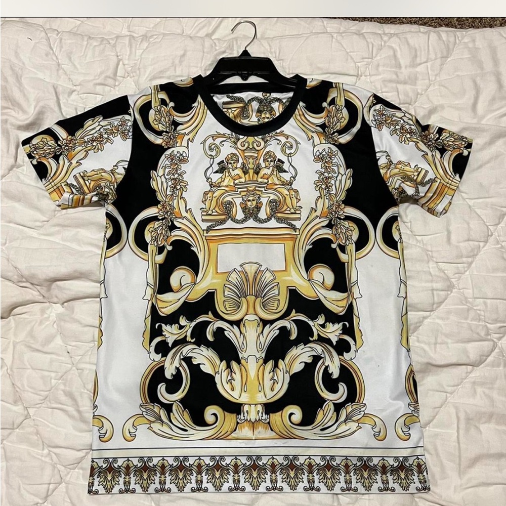 Baroque Print Short Sleeve Tee - Black and Gold
